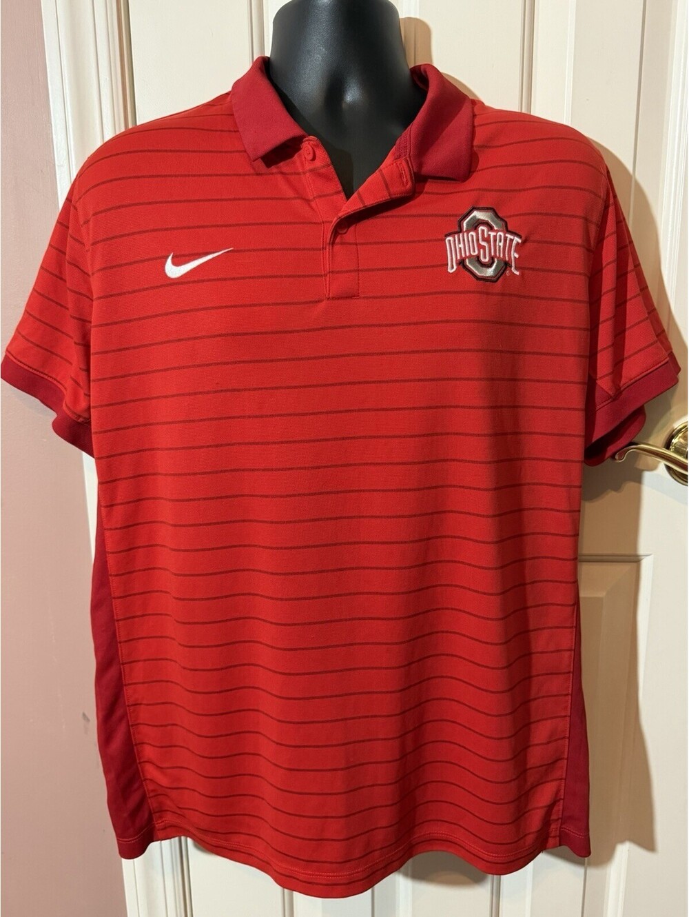 Nike Ohio State Buckeyes Polo Shirt Mens Large Red Black Stripes Embroidered